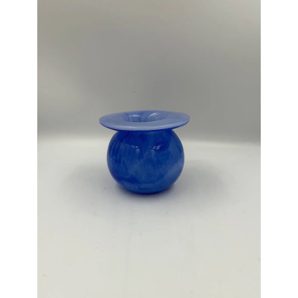 Abigail's Miss Ellie Blue Art Glass Bud Vase Squat Wide Rim 4.5